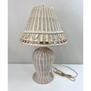 White Wicker 25”  Table Lamp Light Shabby Chic Urn Shape BOHO Cottage Core